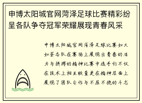 申博太阳城官网菏泽足球比赛精彩纷呈各队争夺冠军荣耀展现青春风采