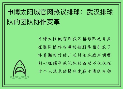 申博太阳城官网热议排球：武汉排球队的团队协作变革
