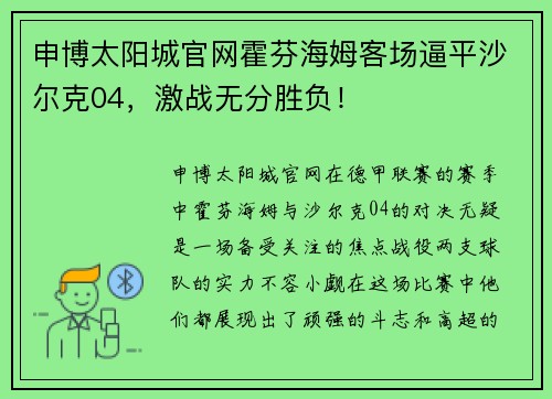申博太阳城官网霍芬海姆客场逼平沙尔克04，激战无分胜负！