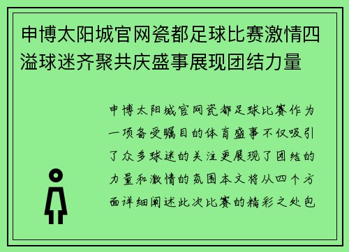 申博太阳城官网瓷都足球比赛激情四溢球迷齐聚共庆盛事展现团结力量
